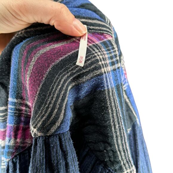 FREE PEOPLE Nordic Day Button Front Oversized Lace Up Sides Plaid Blouse Size M - Picture 7 of 9